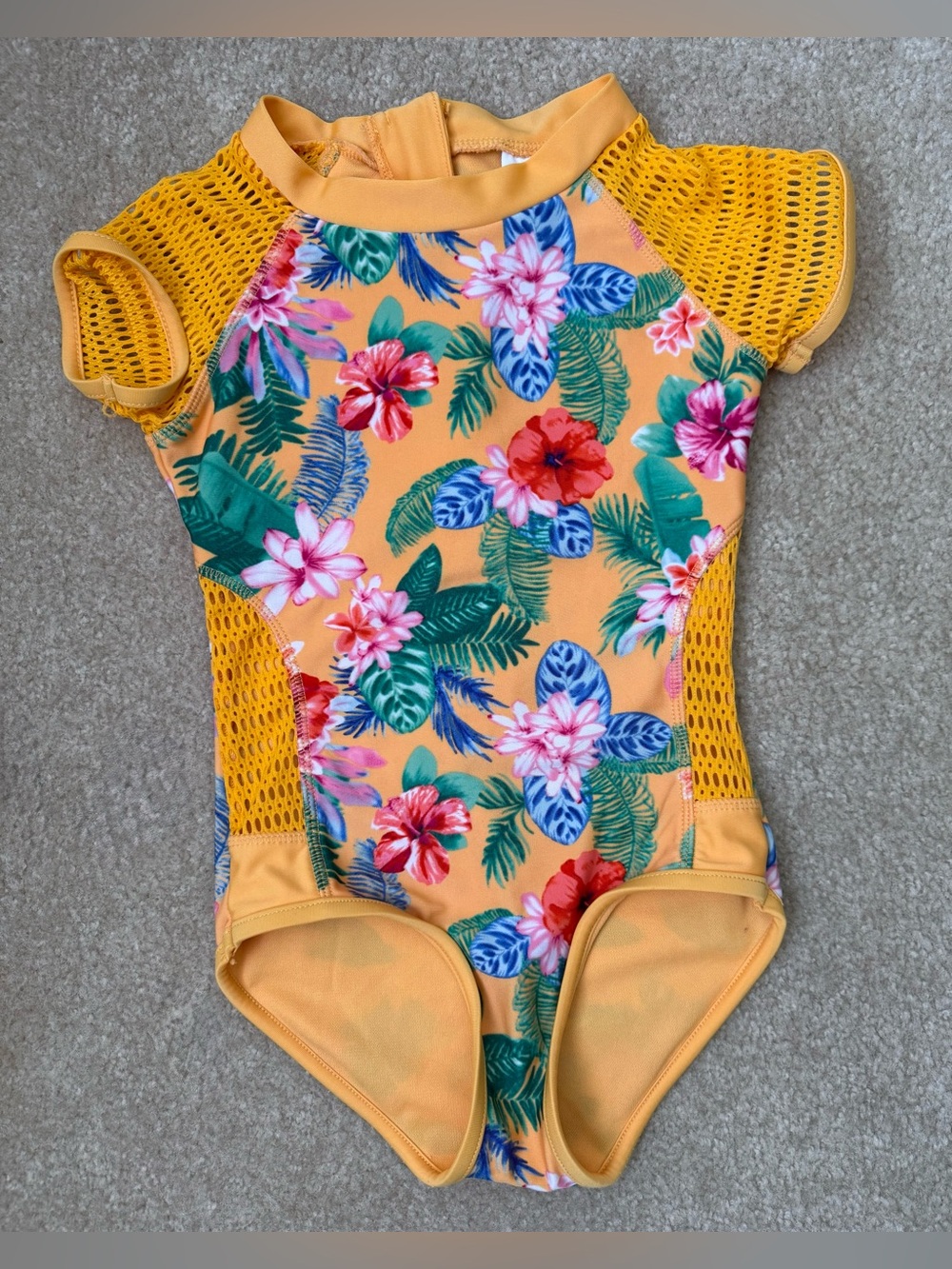 Girls’ One-Piece Swimsuit Yellow/Tropical & Pink Hooded Cover-Up Size 6/6X